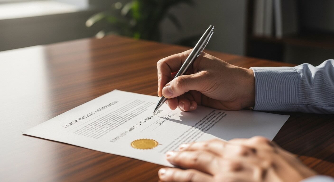 Mão assinando contrato legal representando a decisão de buscar justiça trabalhista